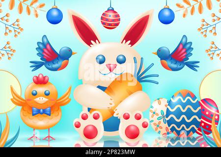 Happy Easter Day. 3d illustration of a rabbit holding carrots, chicks, eggs and birds Stock Vector