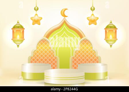 Soft and elegant Islamic podium with coconut tree, mosque, lamp and curtain ornaments. 3d realistic vector Stock Vector