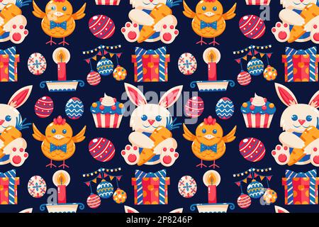 Happy Easter pattern. Bunny holding carrots, chicks, eggs, gifts, candles and cookies Stock Vector