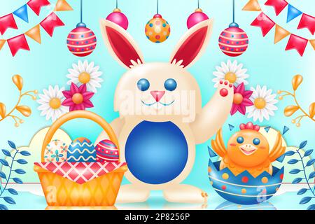 Happy Easter Day. 3d illustration of rabbits, egg baskets and chicks Stock Vector