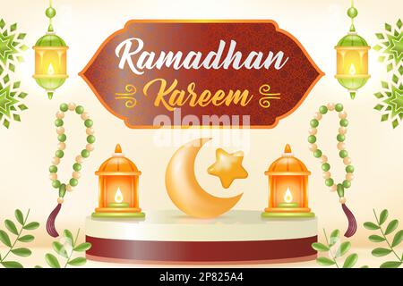 Ramadan kareem. 3d illustration of a mosque, lamp, drum, podium, and a man praying Stock Vector