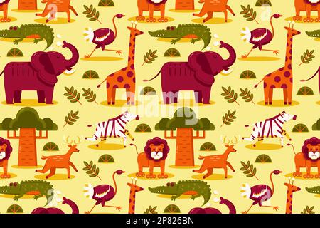 African animals. Patterns of elephant, lion, giraffe, gazelle, antelope, crocodile, ostrich, and zebra Stock Vector