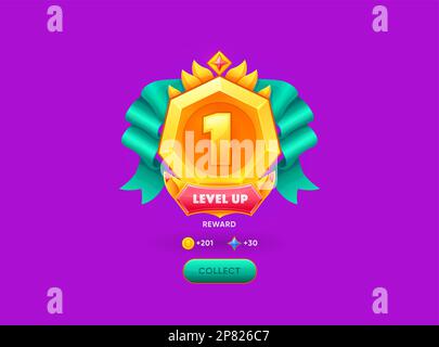 Level up award, isolated cartoon vector pop up badge for winner achievement celebration. Online game or casino ui app element. Successful level comple Stock Vector