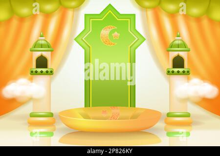 Soft and elegant Islamic podium with coconut tree, mosque, lamp and curtain ornaments. 3d realistic vector Stock Vector