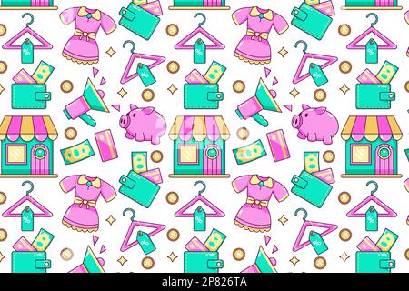 Shopping patterns. Jewelry, clothes, shoes, trucks, packages, piggy banks, wallets, and stores Stock Vector