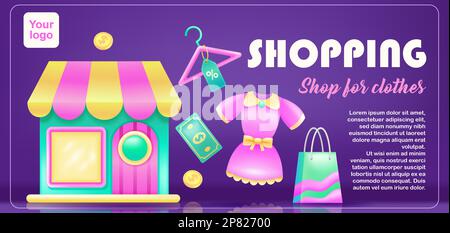 Shopping, shopping for clothes. 3d illustration of clothing store and shopping bag Stock Vector