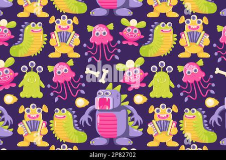 Cute monsters. Caterpillar patterns, crocodiles, playing music and jellyfish monsters Stock Vector