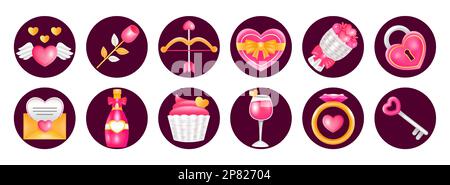 Happy Valentine. 3d ico arrows, hearts, wine, keys, letters, rings, cakes and flowers Stock Vector