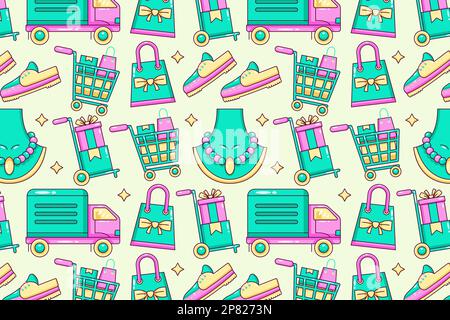 Shopping patterns. Jewelry, clothes, shoes, trucks, packages, piggy banks, wallets, and stores Stock Vector