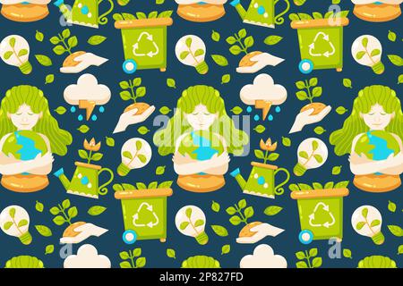 Happy Earth Day. Women hugging the earth, watering plants, lights, rain, and trash can patterns Stock Vector