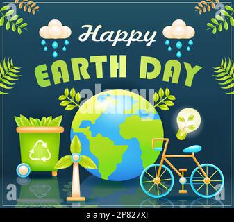 Happy Earth Day. 3d vectors of earth, windmill, trash can, bicycle and lamp Stock Vector