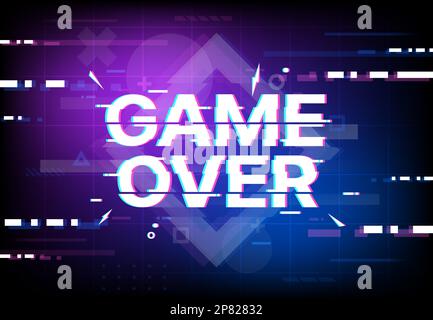 Game over screen glitch background. Vector vintage poster with digital glitched color pixel noise on display. Computer game defeat, blue and purple ne Stock Vector