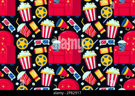 Movie Night. Seats, popcorn, drinks, 3d glasses, and ticket patterns Stock Vector