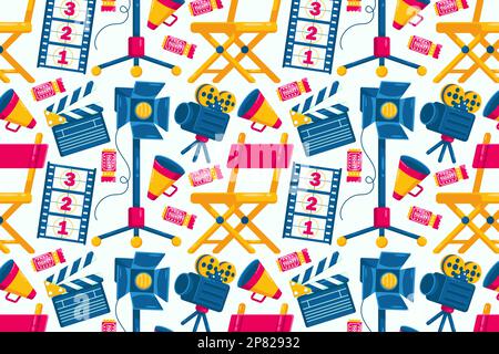 Movie time. Director's chair, megaphone, lighting, clapper board and camera pattern Stock Vector
