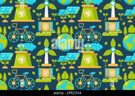 Happy Earth Day. Earth, factories, windmills, bicycles, solar panels, and natural waste patterns Stock Vector