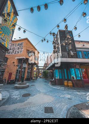 La Mer Beach and beachfront shops La Mer Central in Dubai, United Arab Emirates Stock Photo