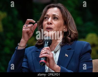 Miami Beach, Florida, USA. 08th Mar, 2023. United States Vice President Kamala Harris participates in a moderated conversation focused on 'the Biden-Harris administration's investments to combat the climate crisis and ongoing efforts to build a new clean energy economy that works for all' at the New World Symphony Auditorium in Miami Beach, Florida, USA, 08 March 2023. Credit: Cristobal Herrera-Ulashkevich/Pool via CNP/dpa/Alamy Live News Stock Photo