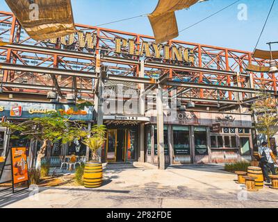 La Mer Beach and beachfront shops La Mer Central in Dubai, United Arab Emirates Stock Photo