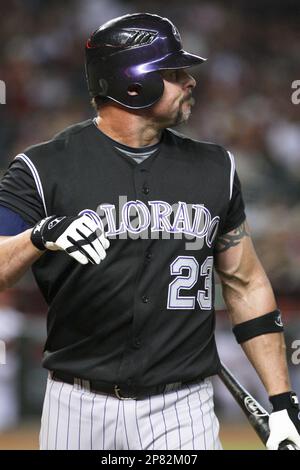 Colorado Rockies' Jason Giambi (23) reacts swinging for a strike during the  sixth inning of a baseball game against the New York Yankees Saturday, June  25, 2011, at Yankee Stadium in New
