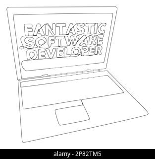 One continuous line of Laptop with Fantastic Software Developer word. Thin Line Illustration vector concept. Contour Drawing Creative ideas. Stock Vector