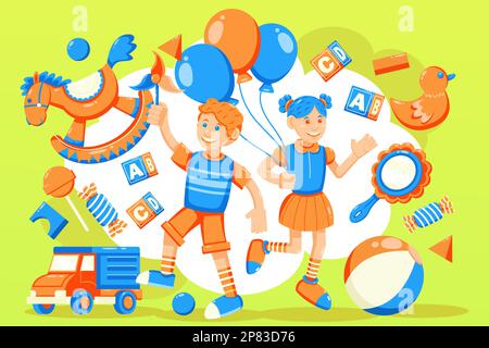 Vector of children playing. children playing with toy horses, balls, toy cars and balloons Stock Vector