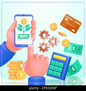 Financial 3d vector illustration of a hand holding a smartphone, shopping, credit card, calculator and money Stock Vector