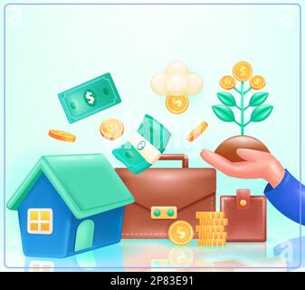 Finance. 3d vector illustration of house, wallet, bag and hand holding money tree Stock Vector