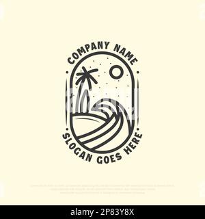 summer beach island logo design, travel outdoor agency vector illustration in line art style. Stock Vector