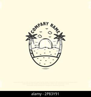 Tropical summer beach logo design, travel outdoor agency vector illustration in line art style. Stock Vector