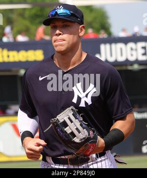 Tampa, United States. 08th Mar, 2023. New York Yankees' Aaron Judge trots in from his new position in left field during the spring training game against the St. Louis Cardinals at Steinbrenner Field in Tampa, Florida on Wednesday, March 8, 2023. Photo by Mark Abraham/UPI Credit: UPI/Alamy Live News Stock Photo