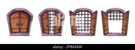 Medieval castle gates. Old wooden doors with stone brick arch and iron portcullis. Open and closed ancient wood gates with metal lattice isolated on white background, vector cartoon set Stock Vector