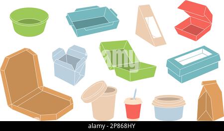 Cardboard food boxes. Empty takeaway boxes for food. Paper and plastic takeaway containers. Empty snack packaging. Recyclable packs Stock Vector