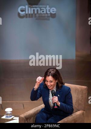 Miami Beach, United States. 08th Mar, 2023. The US Vice President Kamala Harris participates in a moderated conversation focused on 'the Biden-Harris administration's investments to combat the climate crisis and ongoing efforts to build a new clean energy economy that works for all' at the New World Symphony Auditorium in Miami Beach, Florida, USA, 08 March 2023. Next to Harris is songwriter Gloria Estefan. Photo by Cristobal Herrera-Ulashkevich/Pool/ABACAPRESS.COM Credit: Abaca Press/Alamy Live News Stock Photo