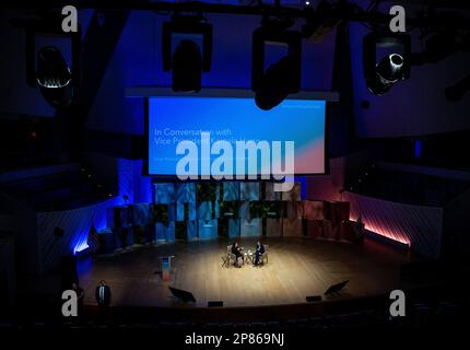 Miami Beach, United States. 08th Mar, 2023. The US Vice President Kamala Harris (R) participates, next to songwriter Gloria Estefan, in a moderated conversation focused on 'the Biden-Harris administration's investments to combat the climate crisis and ongoing efforts to build a new clean energy economy that works for all' at the New World Symphony Auditorium in Miami Beach, Florida, USA, 08 March 2023. Photo by Cristobal Herrera-Ulashkevich/Pool/ABACAPRESS.COM Credit: Abaca Press/Alamy Live News Stock Photo