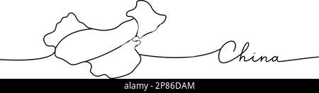 China - word with country silhouette one line. Minimalist drawing of phrase illustration. China country silhouette continuous one line illustration. Stock Vector