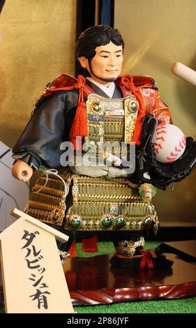 Thursday. 9th Mar, 2023. Tokyo, Japan. 9th Mar, 2023. Japanese doll maker Kyugetsu displays a samurai doll of Japanese baseball player Yu Darvish of San Diego Padres pitcher at the company's showroom in Tokyo on Thursday, March 9, 2023. Japan's national baseball team members including Ohtani will play at the 2023 World Baseball Classic championship from March 9. (photo by Yoshio Tsunoda/AFLO) Credit: Aflo Co. Ltd./Alamy Live News Stock Photo