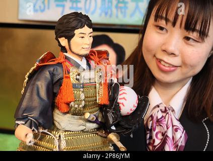 Thursday. 9th Mar, 2023. Tokyo, Japan. 9th Mar, 2023. Japanese doll maker Kyugetsu displays a samurai doll of Japanese baseball player Yu Darvish of San Diego Padres pitcher at the company's showroom in Tokyo on Thursday, March 9, 2023. Japan's national baseball team members including Ohtani will play at the 2023 World Baseball Classic championship from March 9. (photo by Yoshio Tsunoda/AFLO) Credit: Aflo Co. Ltd./Alamy Live News Stock Photo