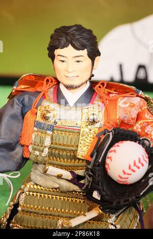 Thursday. 9th Mar, 2023. Tokyo, Japan. 9th Mar, 2023. Japanese doll maker Kyugetsu displays a samurai doll of Japanese baseball player Yu Darvish of San Diego Padres pitcher at the company's showroom in Tokyo on Thursday, March 9, 2023. Japan's national baseball team members including Ohtani will play at the 2023 World Baseball Classic championship from March 9. (photo by Yoshio Tsunoda/AFLO) Credit: Aflo Co. Ltd./Alamy Live News Stock Photo