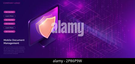 Data protection concept, online security guarantee isometric vector. Computer monitor, golden shield guards personal information on its screen, purple background with digital data stream, landing page Stock Vector