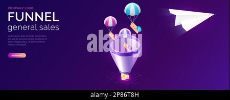 Sale funnel and email message service, isometric concept vector. Flying paper plane, parachuting icon envelopes in filter funnel, ultraviolet webpage for email marketing company, sending notifications Stock Vector