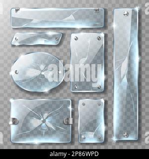 Cracked glass banner or plate with metal mount and bolts, realistic vector illustrations. Blank broken blue acrylic glass panel with steel fastener and cracks isolated on transparent background Stock Vector