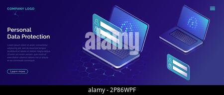 Protecting personal data concept, internet account security guarantee isometric vector. Frame with login and password in front of open laptop screen on blue honeycomb background, landing web site page Stock Vector