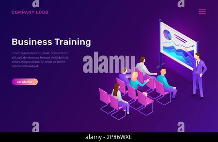 Business training isometric concept vector illustration. Corporate seminar, conference or staff training, speaker gives presentation near board with graphs, employees sit on chairs in auditorium Stock Vector