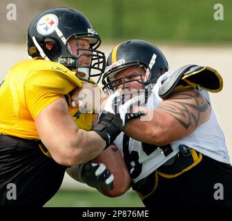 Pittsburgh Steelers guard Doug Legursky (64) is examinedduring the