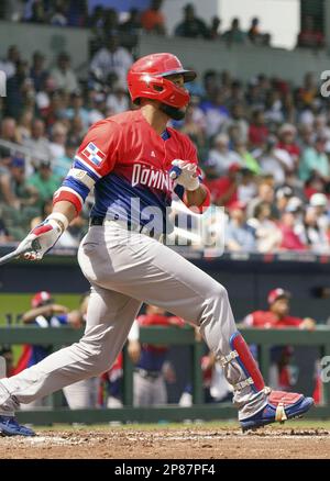 Robinson Cano of the Dominican Republic's World Baseball Classic team  smiles during an exhibition game against the Atlanta Braves on March 8, 2023,  in North Port, Florida. (Kyodo)==Kyodo Photo via Credit: Newscom/Alamy