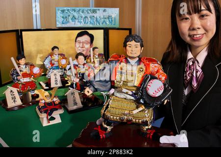 Tokyo, Japan. 09th Mar, 2023. A staff of Japan's traditional doll maker Kyugetsu poses with 'Boy's May Festival Dolls' modeled San Diego Padres pitcher Yu Darvish at headquarters of Kyugetsu in Tokyo, Japan on Thursday, March 9, 2023. Photo by Keizo Mori/UPI Credit: UPI/Alamy Live News Stock Photo