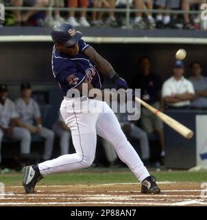 2001: Rickey Henderson of the San Diego Padres batting during a Padres game  versus the Los Angeles Dodgers at Dodger Stadium in Los Angeles, CA. (Photo  by John Cordes/Icon Sportswire) (Icon Sportswire