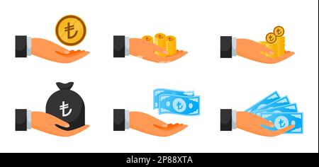 Handing Turkish Lira Money and Coin Set Stock Vector
