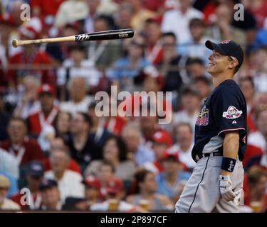 American League's Brandon Inge of the Detroit Tigers flips his bat