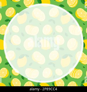 Round frame on background of seamless pattern with whole lemon with piece of citrus. Lemon with chopped zest and leaves. Ornament for social network p Stock Vector